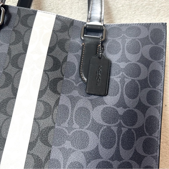 NWT COACH Men’s Signature Web Tall Tote Bag Black & Gray - Picture 3 of 13